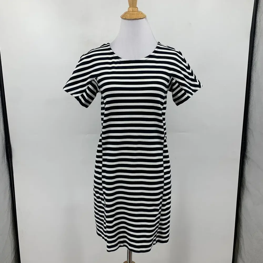J Crew T Shirt Dress Women PXS Petite Black White Straight Short Sleeve Back Zip